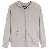 A light gray heather zip-up hoodie with a full front zipper, drawstring hood, and split kangaroo pockets, shown flat against a white background.