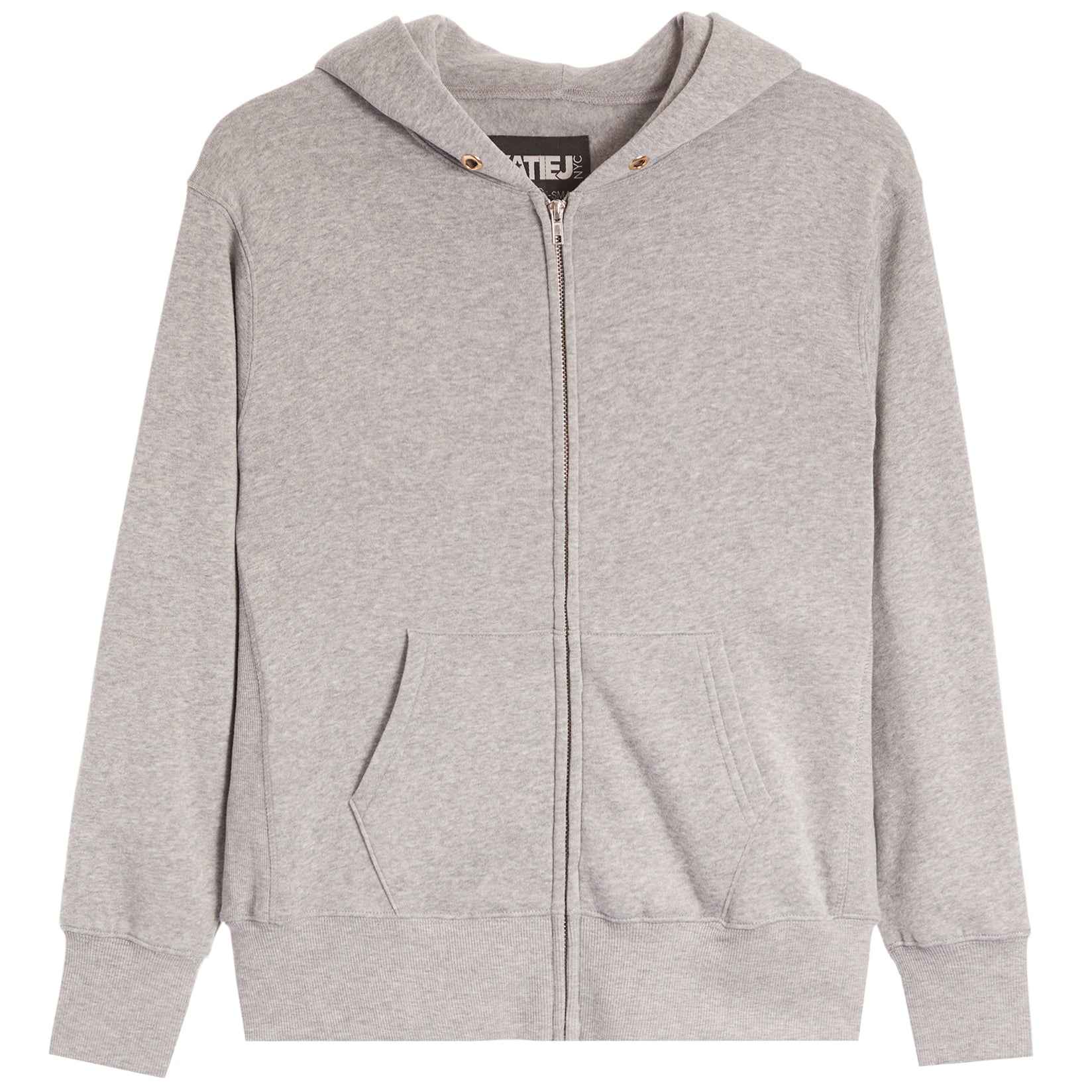 A light gray heather zip-up hoodie with a full front zipper, drawstring hood, and split kangaroo pockets, shown flat against a white background.