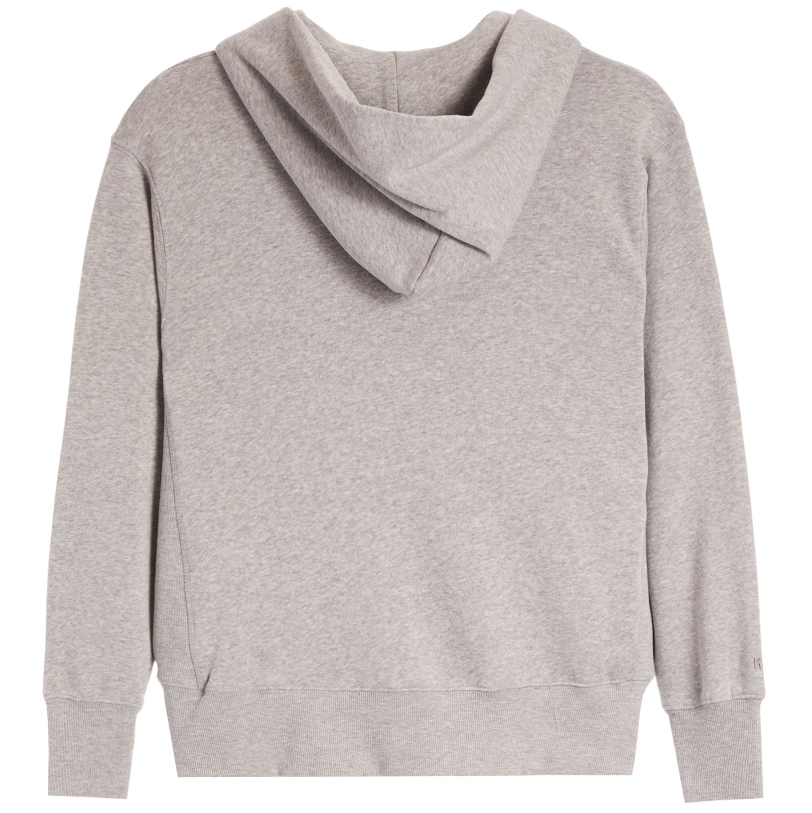 A light heather gray pullover hoodie with a wide draped cowl neckline, long sleeves, and ribbed cuffs and hem, shown against a plain white background.