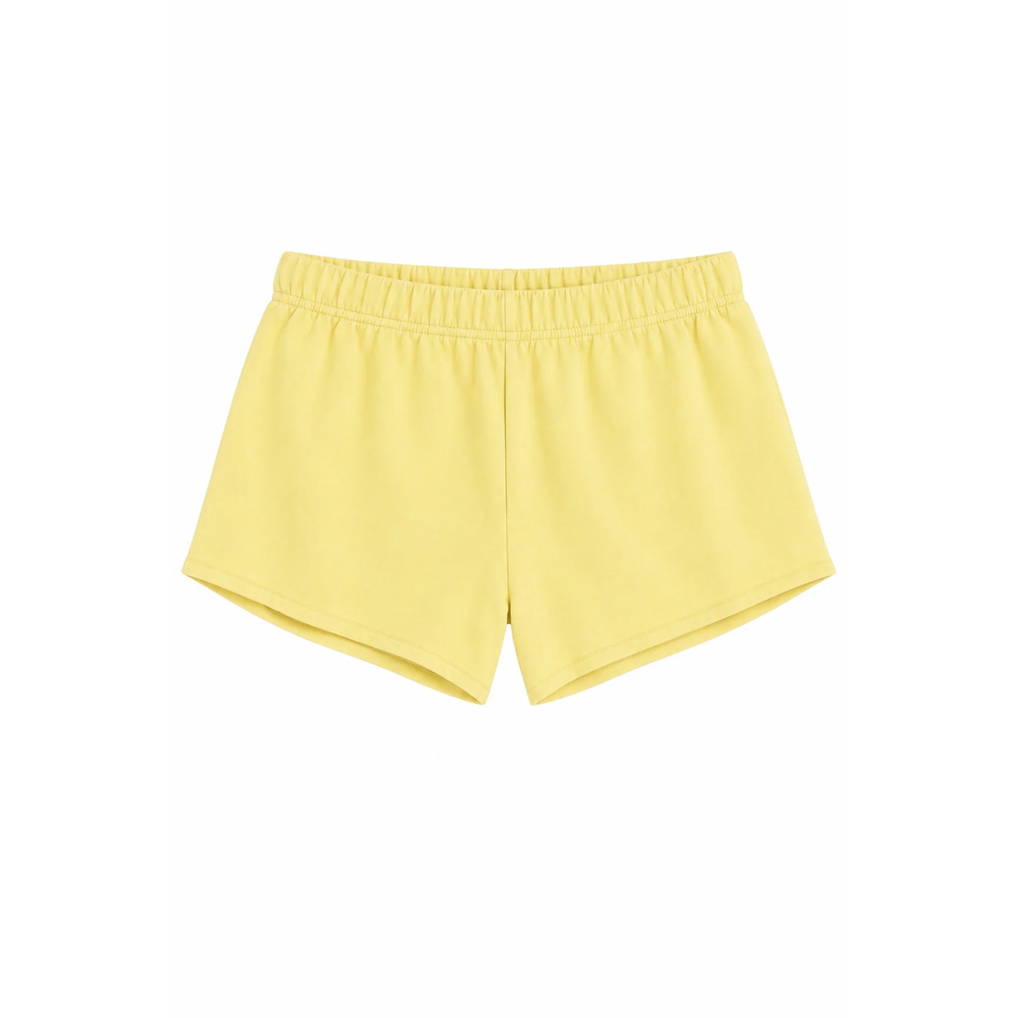 A pair of light yellow athletic shorts with an elastic waistband, shown flat against a solid white background.