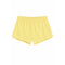 A pair of light yellow athletic shorts with an elastic waistband, shown flat against a solid white background.
