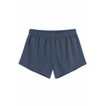 A pair of slate blue athletic shorts with an elastic waistband, shown flat against a solid white background.