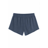 A pair of slate blue athletic shorts with an elastic waistband, shown flat against a solid white background.