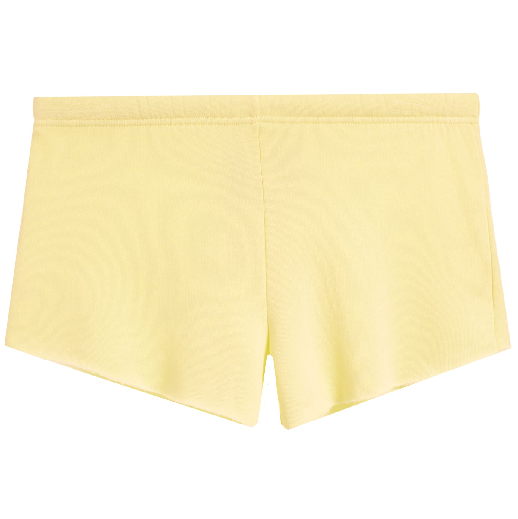 A pair of light yellow athletic shorts with an elastic waistband, shown flat against a plain white background.
