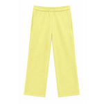 A pair of light yellow wide-leg sweatpants with an elastic waistband and side pockets, shown flat against a solid white background.