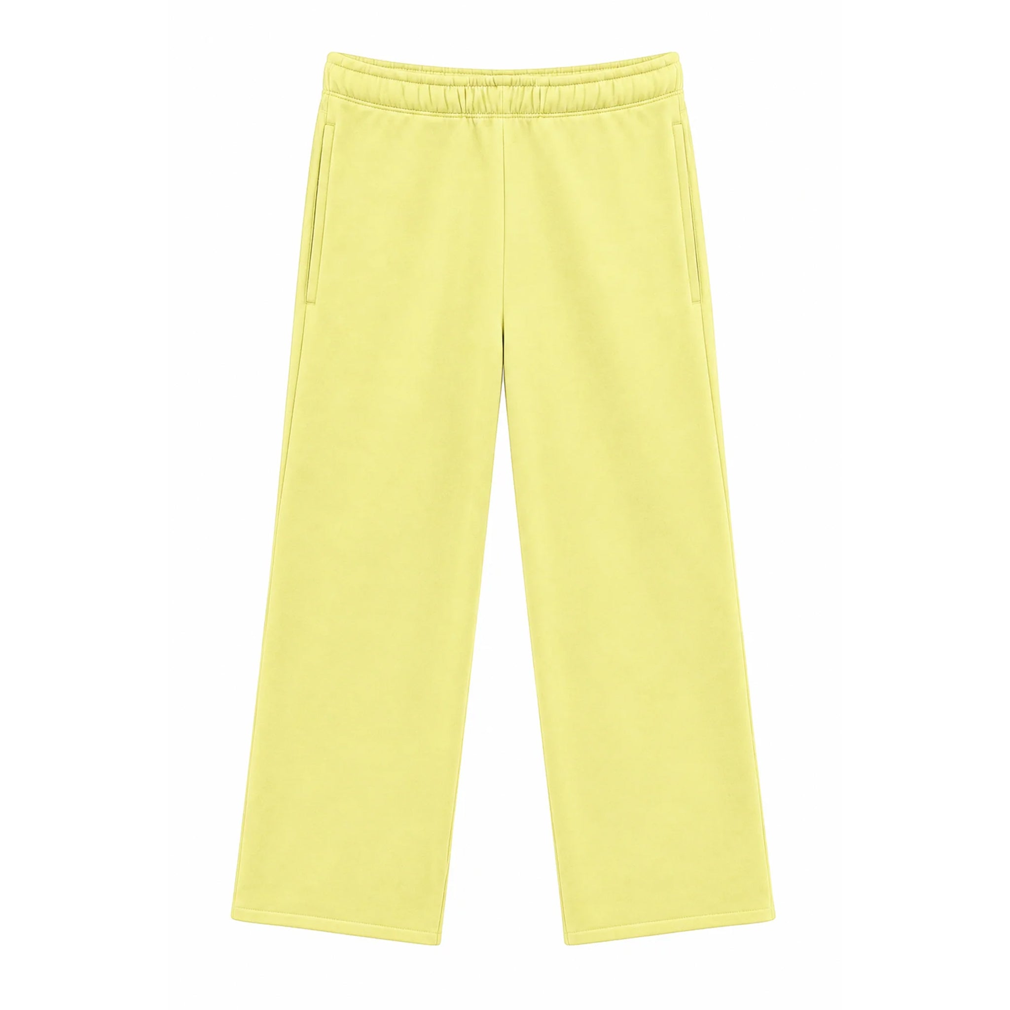 A pair of light yellow wide-leg sweatpants with an elastic waistband and side pockets, shown flat against a solid white background.