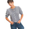 A woman wearing a gray short-sleeve knit cardigan with white buttons down the front, paired with blue jeans, against a plain white background.