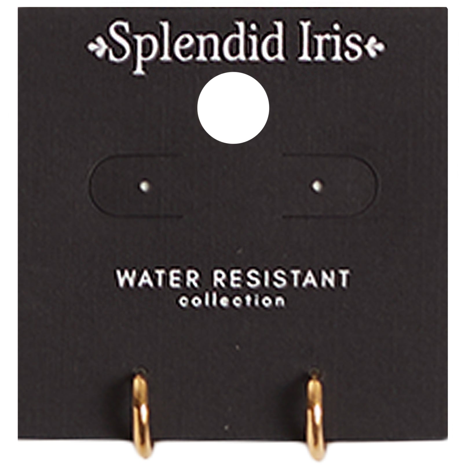 A pair of small gold hoop earrings displayed on a black card backing with the brand name 'Splendid Iris' and text reading 'WATER RESISTANT collection'.