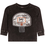 A toddler's long-sleeve t-shirt in a washed black or dark charcoal color, featuring a large graphic of a basketball hoop on the front with graffiti-style text.