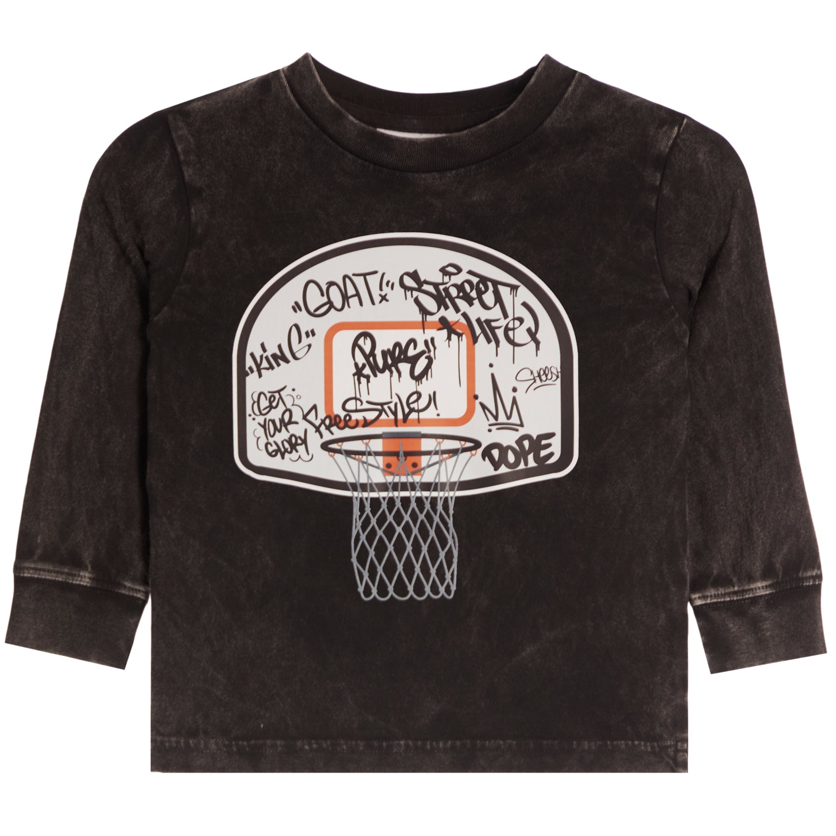 A toddler's long-sleeve t-shirt in a washed black or dark charcoal color, featuring a large graphic of a basketball hoop on the front with graffiti-style text.