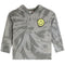 A gray and white tie-dye long-sleeve hoodie with a yellow smiley face patch on the chest, displayed against a solid white background.