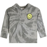 A gray and white tie-dye long-sleeve hoodie with a yellow smiley face patch on the chest, displayed against a solid white background.