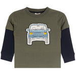 Toddler long-sleeve t-shirt featuring an olive green body, black sleeves, and a graphic print of a light blue jeep on the chest.