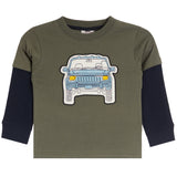 Toddler long-sleeve t-shirt featuring an olive green body, black sleeves, and a graphic print of a light blue jeep on the chest.
