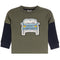 Toddler long-sleeve t-shirt featuring an olive green body, black sleeves, and a graphic print of a light blue jeep on the chest.