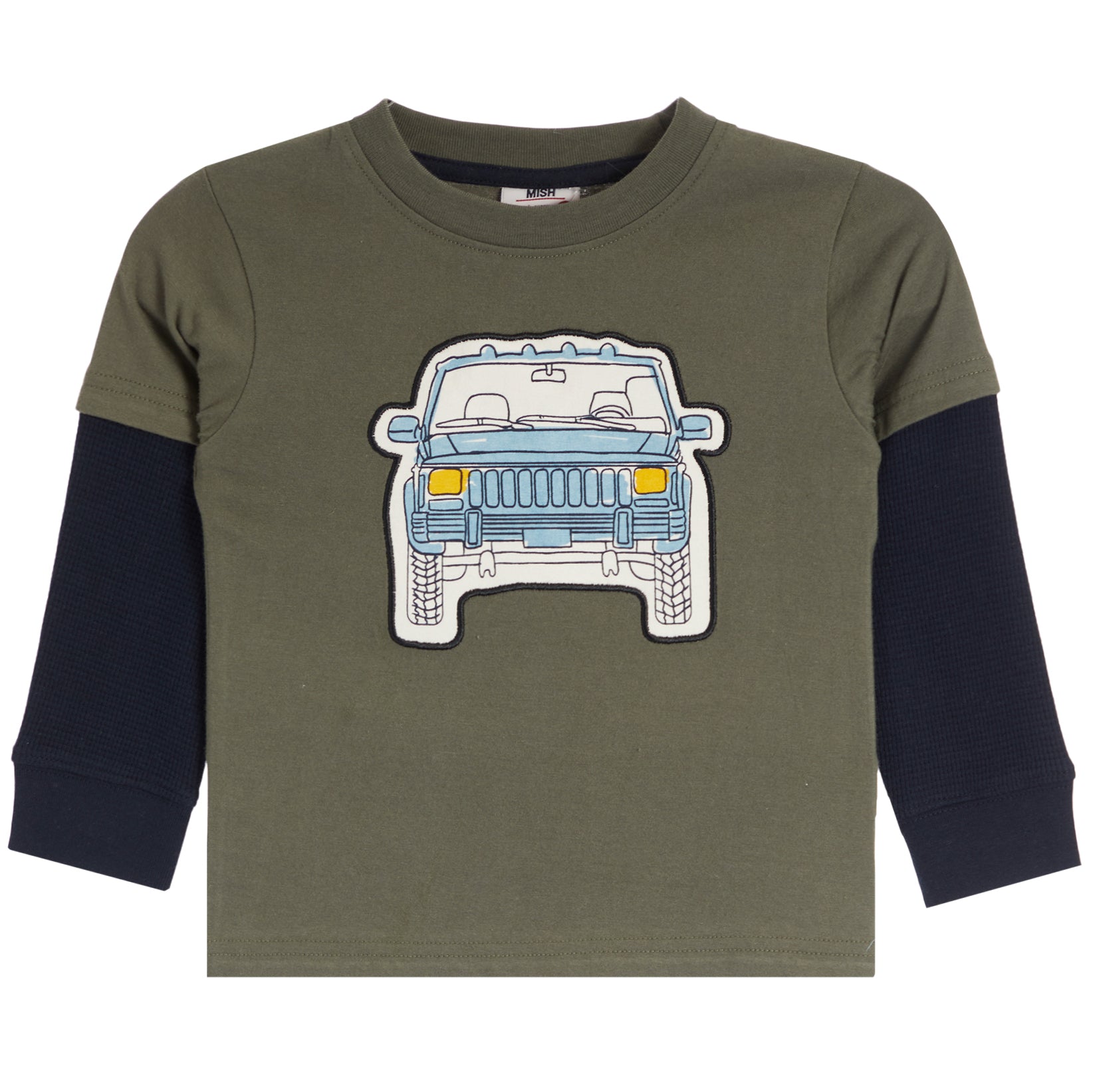 Toddler long-sleeve t-shirt featuring an olive green body, black sleeves, and a graphic print of a light blue jeep on the chest.