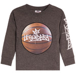 A dark heather gray long-sleeve t-shirt featuring a large basketball graphic on the chest with the word 'LEGENDARY' in white graffiti-style lettering. 