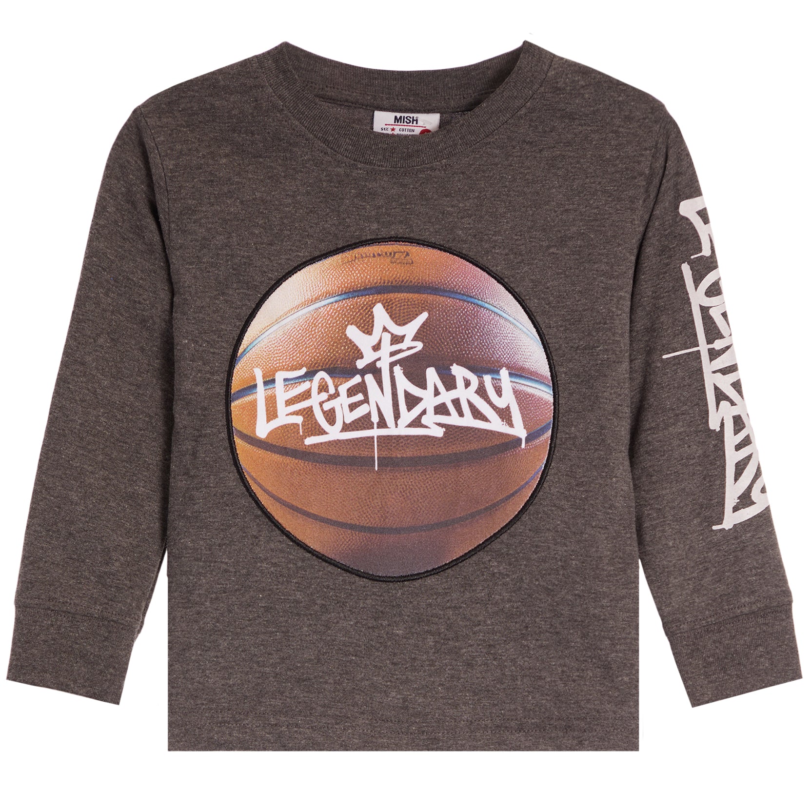 A dark heather gray long-sleeve t-shirt featuring a large basketball graphic on the chest with the word 'LEGENDARY' in white graffiti-style lettering. 