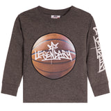 A dark heather gray long-sleeve t-shirt featuring a large basketball graphic on the chest with the word 'LEGENDARY' in white graffiti-style lettering. 