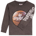 A dark heather gray long-sleeve crewneck sweatshirt featuring a basketball graphic on the chest with 'LEGEND' written across it, and 'LEGENDS' printed in white graffiti-style lettering down one sleeve.