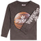 A dark heather gray long-sleeve crewneck sweatshirt featuring a basketball graphic on the chest with 'LEGEND' written across it, and 'LEGENDS' printed in white graffiti-style lettering down one sleeve.
