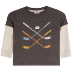 A heather dark gray body, cream ribbed sleeves, and a graphic of crossed hockey sticks and a puck on the front.