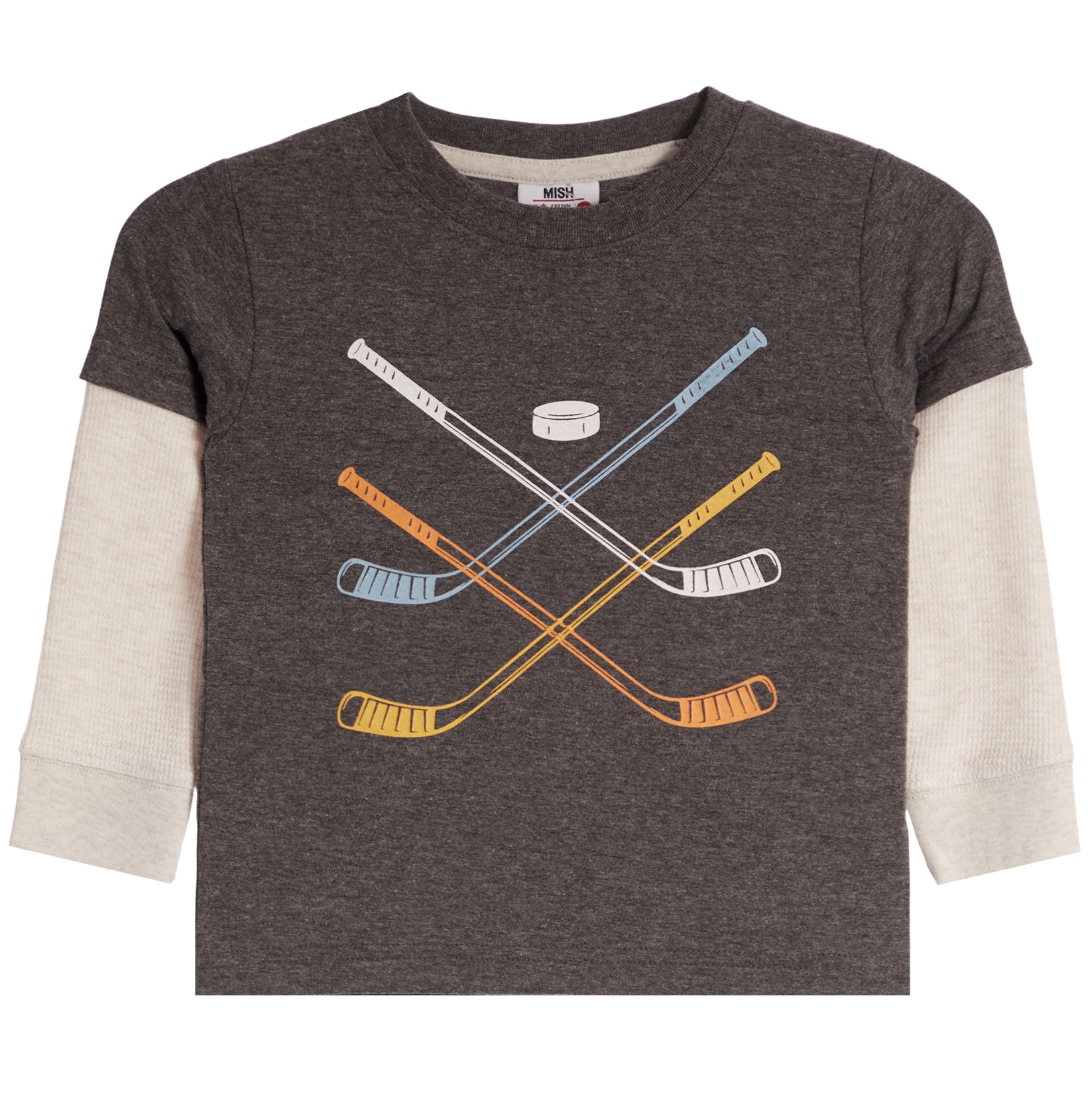 A heather dark gray body, cream ribbed sleeves, and a graphic of crossed hockey sticks and a puck on the front.