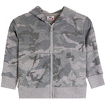A gray camouflage zip-up hoodie with a full front zipper, hood, and ribbed cuffs and hem, shown on a plain white background.