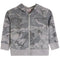 A gray camouflage zip-up hoodie with a full front zipper, hood, and ribbed cuffs and hem, shown on a plain white background.