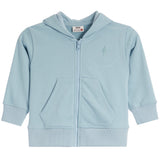 A light blue zip-up hoodie sweatshirt for kids, featuring a small embroidered  lightning bolt logo on the left chest, ribbed cuffs and hem, and a front kangaroo pocket.