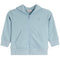 A light blue zip-up hoodie sweatshirt for kids, featuring a small embroidered  lightning bolt logo on the left chest, ribbed cuffs and hem, and a front kangaroo pocket.