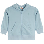 A light blue zip-up hoodie sweatshirt for kids, featuring a small embroidered lightning bolt logo on the left chest, ribbed cuffs and hem, and a front kangaroo pocket.