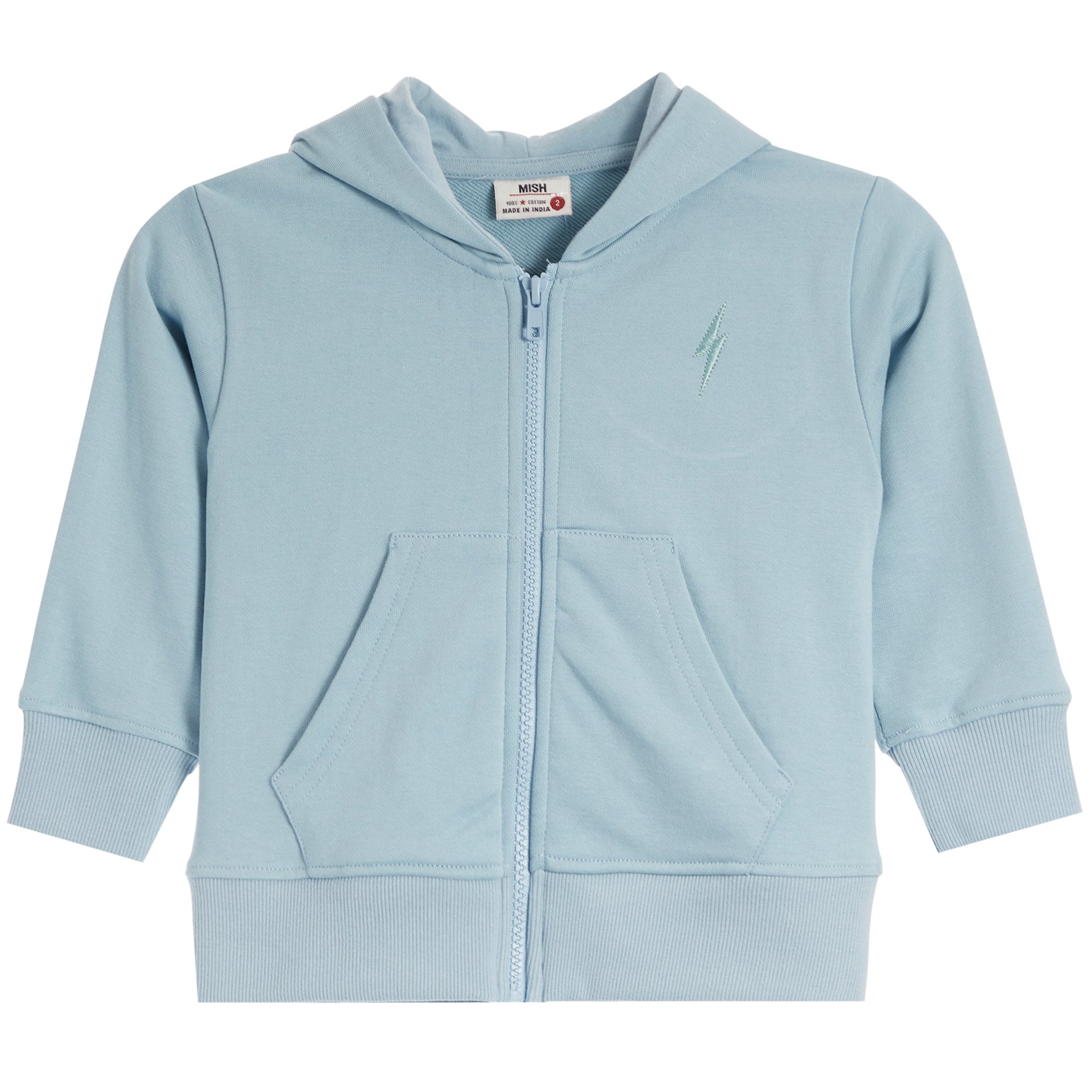 A light blue zip-up hoodie sweatshirt for kids, featuring a small embroidered lightning bolt logo on the left chest, ribbed cuffs and hem, and a front kangaroo pocket.