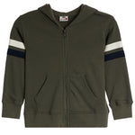 An olive green zip-up hoodie with a hood, front pockets, and sleeve stripes in white and navy blue, shown against a plain white background.