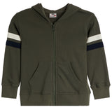An olive green zip-up hoodie with a hood, front pockets, and sleeve stripes in white and navy blue, shown against a plain white background.