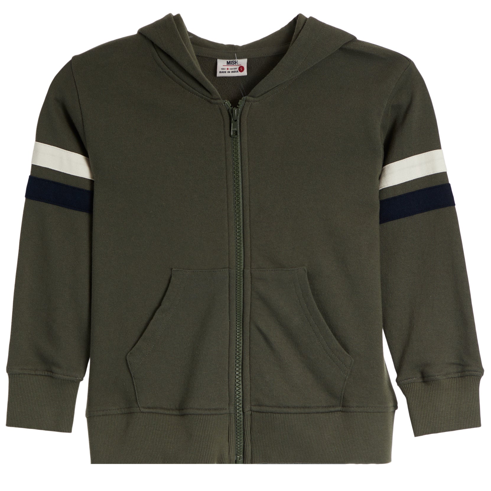 An olive green zip-up hoodie with a hood, front pockets, and sleeve stripes in white and navy blue, shown against a plain white background.