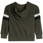 An olive green hooded sweatshirt shown from the back, featuring white and navy blue stripe accents on the sleeves.