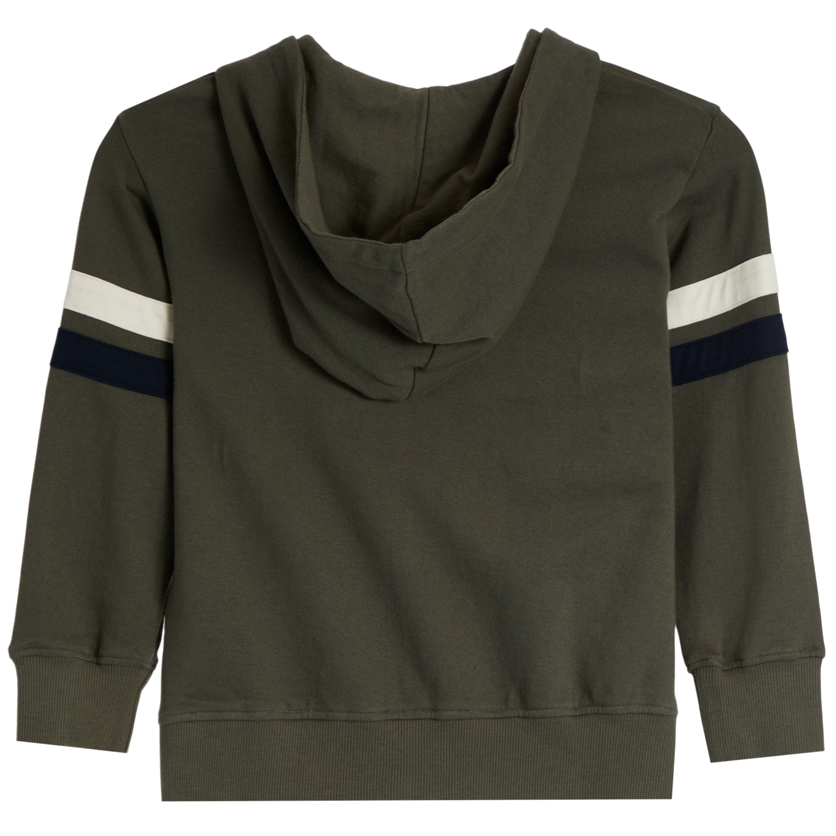 An olive green hooded sweatshirt shown from the back, featuring white and navy blue stripe accents on the sleeves.