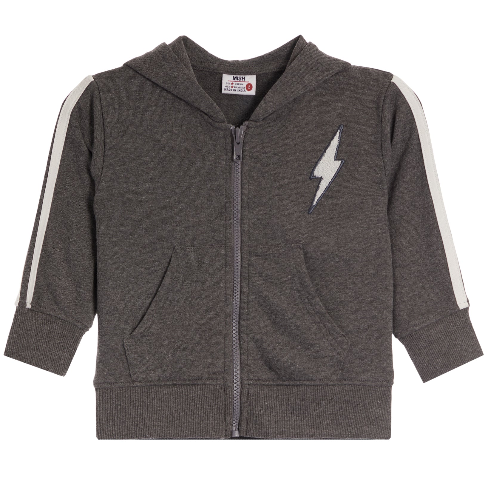 Full Zip Hoodie With Bolt on and White Taping on sleeves.