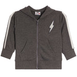 Full Zip Hoodie With Bolt on and White Taping on sleeves.