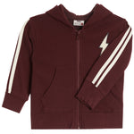 A kids' zip-up hoodie in maroon with cream-colored double stripes on the sleeves and a cream lightning-bolt graphic on the left chest, shown against a plain white background.