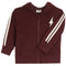A kids' zip-up hoodie in maroon with cream-colored double stripes on the sleeves and a cream lightning-bolt graphic on the left chest, shown against a plain white background.