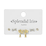 A set of gold and crystal earrings displayed on a white card labeled 'Splendid Iris PLATED'. The set includes bow-shaped gold earrings with clear crystals and small round crystal stud earrings.