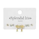 A set of gold and crystal earrings displayed on a white card labeled 'Splendid Iris PLATED'. The set includes bow-shaped gold earrings with clear crystals and small round crystal stud earrings.
