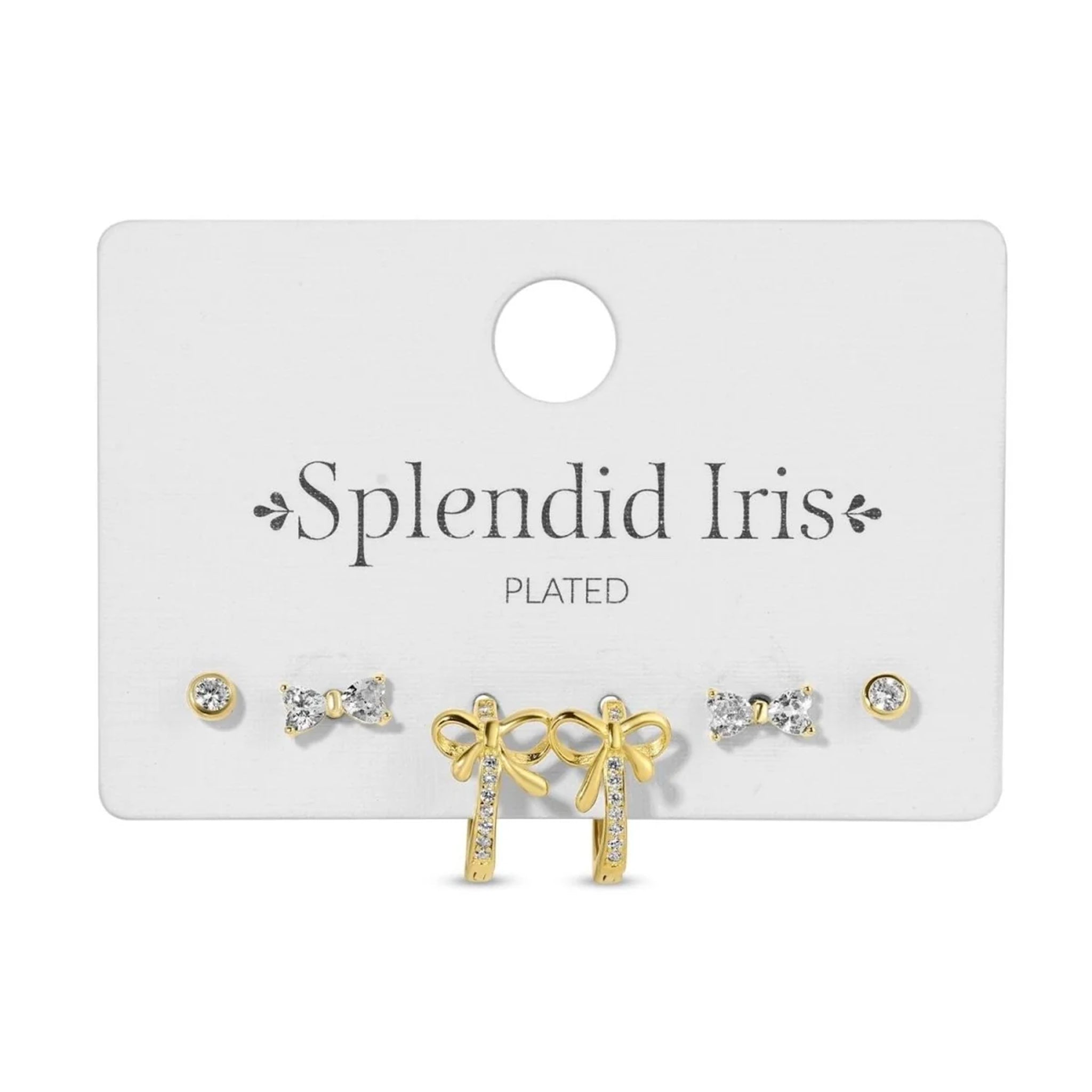 A set of gold and crystal earrings displayed on a white card labeled 'Splendid Iris PLATED'. The set includes bow-shaped gold earrings with clear crystals and small round crystal stud earrings.