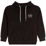 A black pullover hoodie with white drawstrings and a small white Bigger than Basketball logo on the left chest, displayed against a solid white background.