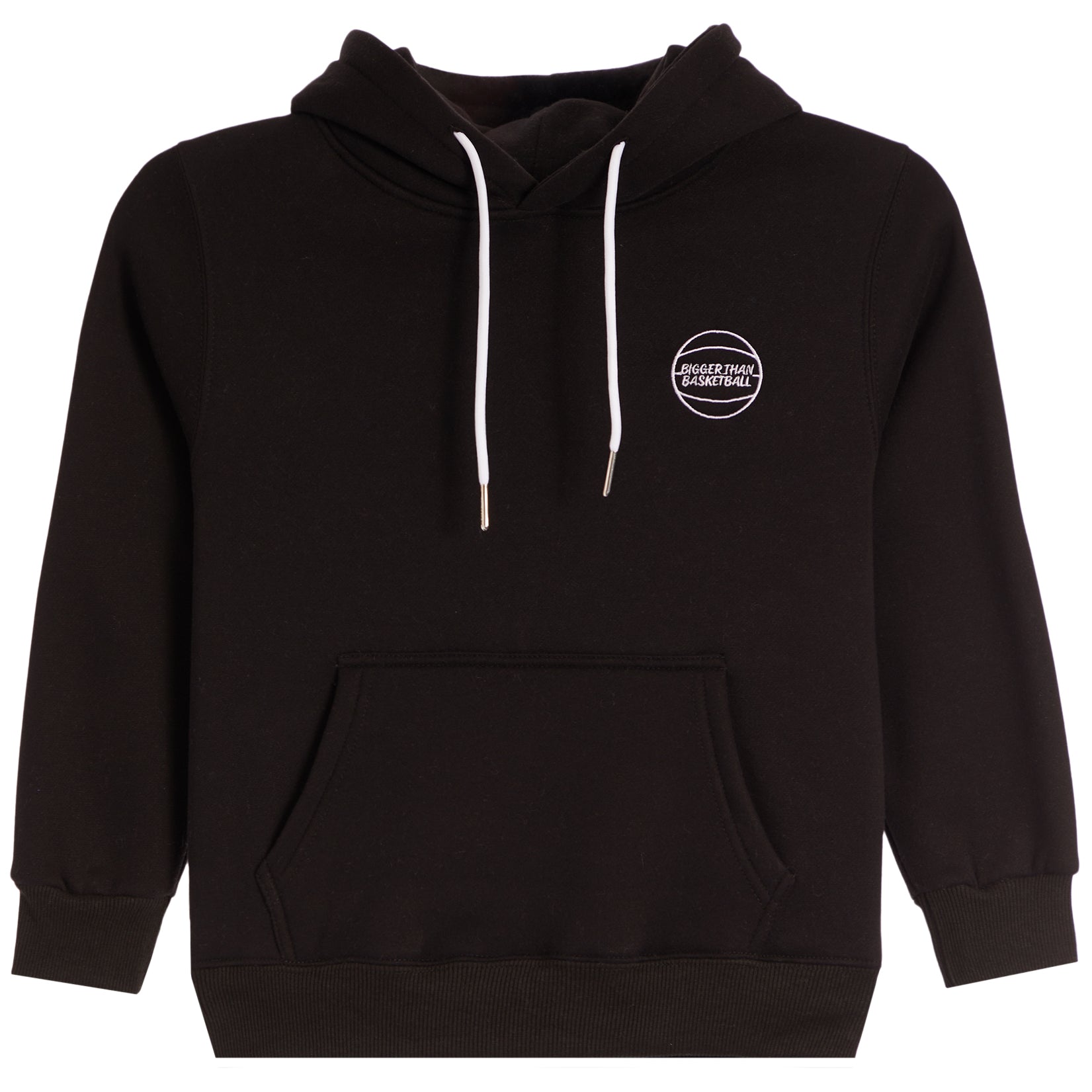 A black pullover hoodie with white drawstrings and a small white Bigger than Basketball logo on the left chest, displayed against a solid white background.