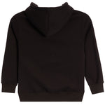 A black hooded sweatshirt shown from the back, featuring a ribbed hem, cuffs, and hood, photographed against a solid white background.