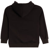A black hooded sweatshirt shown from the back, featuring a ribbed hem, cuffs, and hood, photographed against a solid white background.
