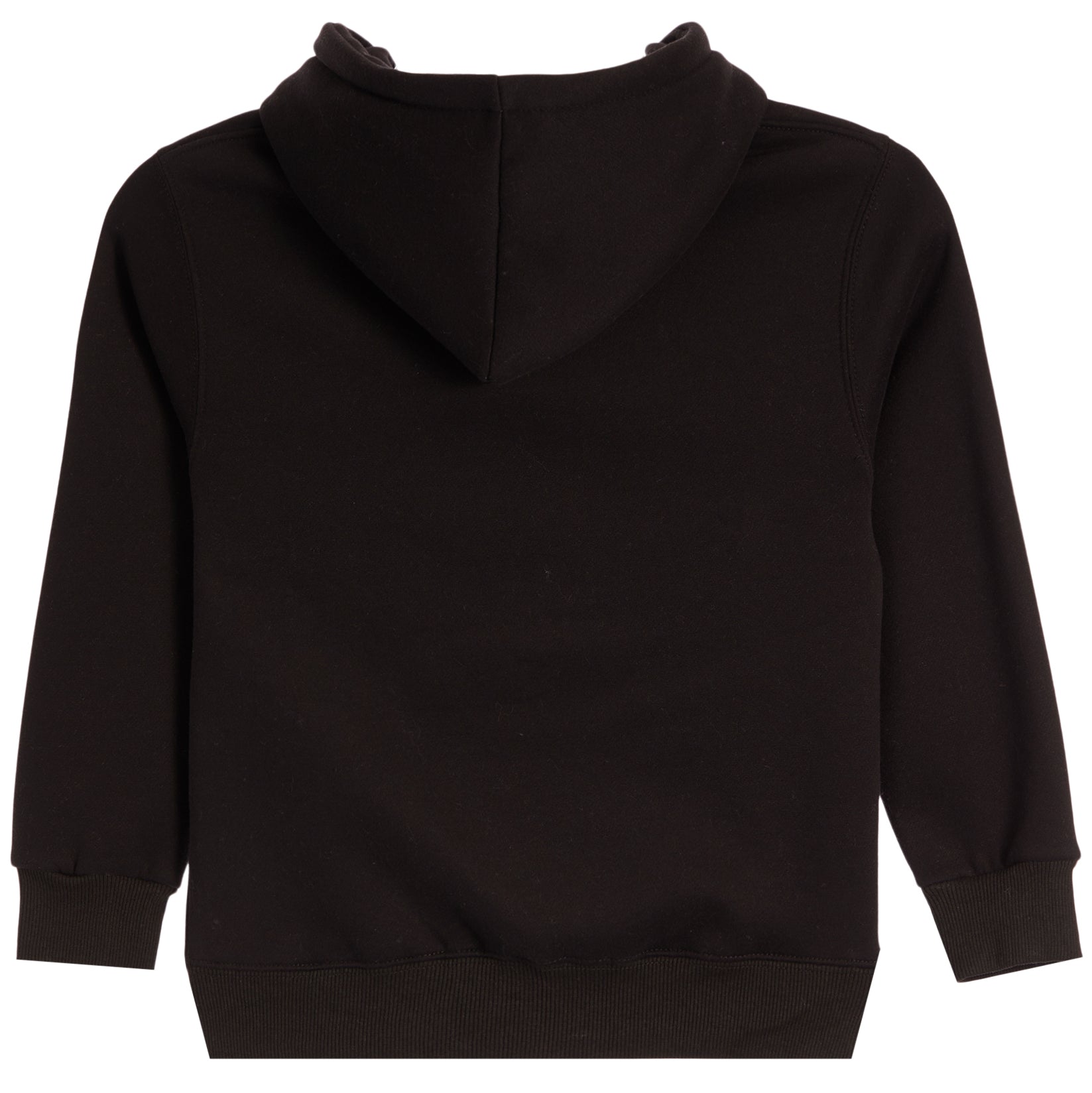 A black hooded sweatshirt shown from the back, featuring a ribbed hem, cuffs, and hood, photographed against a solid white background.